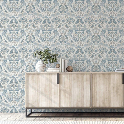 Folk Floral Patterned Textured Vintage Wallpaper Soft Blue World of Wallpaper 946103