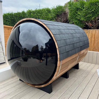 Fonteyn Panorama Barrel Sauna 2400 Outdoor Sauna with Rustic Hemlock ...