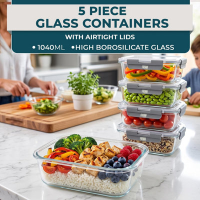 Food Storage Containers with Airtight Lids 5 Pack 1040 ml Glass Meal ...