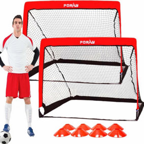 Football Goal Soccer Training Net 125x85cm / 4ft, Set of 2 - Portable Garden Park Target Practice Posts with 8 Field Cones & Pegs