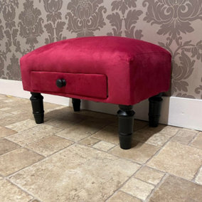 Footstool with Drawer - Velvet - L45 x W25 x H28 cm - Red