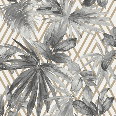 Forage Geometric Leaf Wallpaper Grey / Gold Grandeco A49702