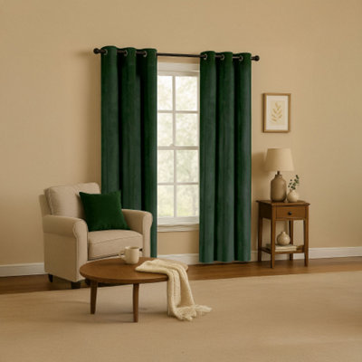 Forest Green Velvet Blackout Eyelet Curtains - 46x63 Inch Drop - Pair