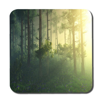 Forest in the morning in a fog in the sun, trees in a haze of light, glowing fog among the trees (Coaster) / Default Title