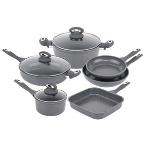 Forged 9 Pcs Grey Marble Carbon Steel Cookware Set Non Stick Pan Saucepan Pots