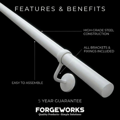 Forgeworks Premium Matt White 3.6m Indoor Stair Handrail Kit. Easy Install all in One Box with brackets & endcaps 5 Yr Guarantee
