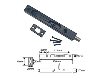 Forgeworks Thin Frame Flush Door Bolt 6" Matt Black Finish - matching fixings included