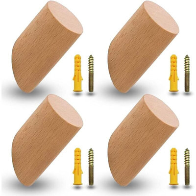 Four Beech Wood Coat Hooks with Screws and Tubes Six cm