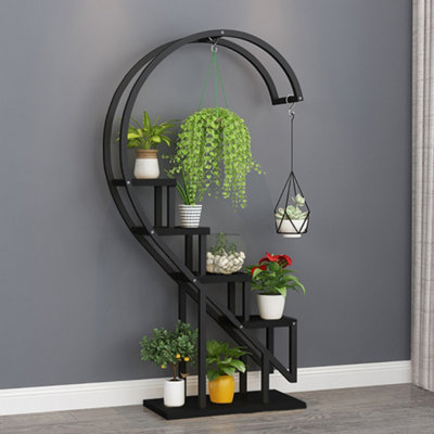Four-layer Black Curved Balcony Flower Rack Made of Iron for Plant Support