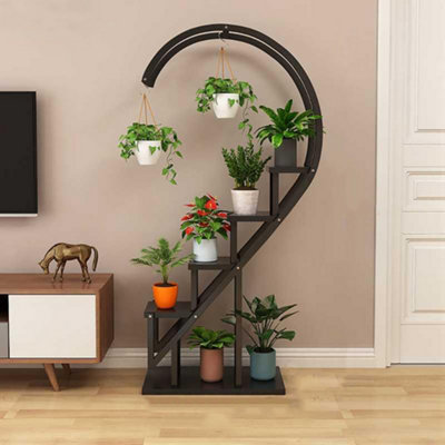 Four-layer Black Curved Balcony Flower Rack Made of Iron for Plant Support