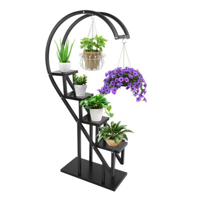 Four-layer Black Curved Balcony Flower Rack Made of Iron for Plant Support