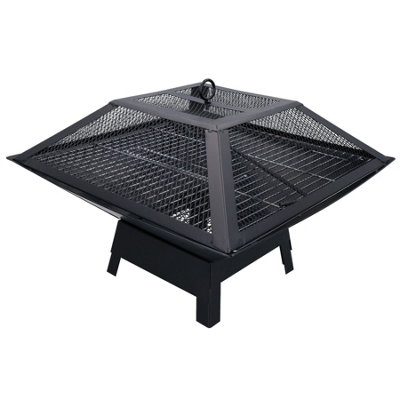 Four Outdoor Metal Garden Fire Pit Basket With BBQ Barbecue Grill+Safety Mesh