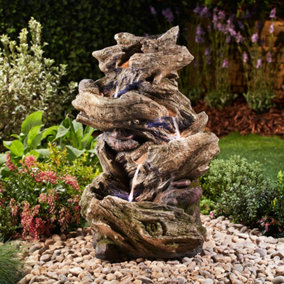 Four-Tier Wood-Effect Water Feature, Light Up LED, Self Contained for Garden, Decking & Patio, Outdoor, Weatherproof