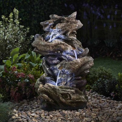 Four-Tier Wood-Effect Water Feature, Light Up LED, Self Contained for Garden, Decking & Patio, Outdoor, Weatherproof