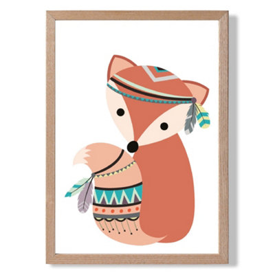 Fox Tribal Animal Framed Print SIZE: A4 with Oak Frame