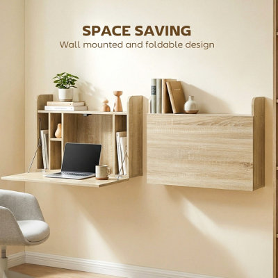 FOXDEN Oak Wall Mounted Desk Drop Leaf Floating Storage Compartments ...