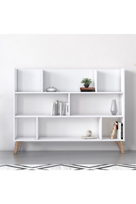 Frame Dion Bookcase with 8 Compartments Display Unit, 140 x 25 x 106 cm Free Standing Shelves, Bookshelf, Open Cabinet, White