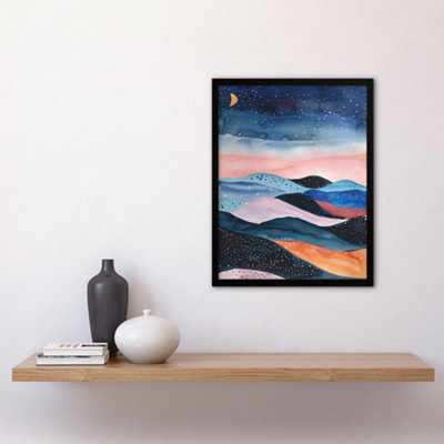 Framed Wall Art Abstract Boho Landscape Starry Night Sky Folk - 12X16 inch