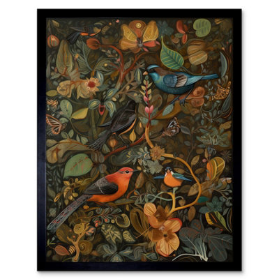 Framed Wall Art Birds and Butterflies on Autumnal Tree Folk - 12X16 inch