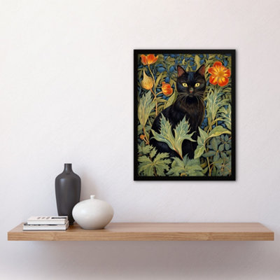 Framed Wall Art Black Cat In Wildflower Field Stylised Painting Teal ...
