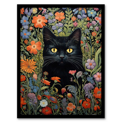 Framed Wall Art Black Cat In Wildflower Meadow Flowers Floral Design ...