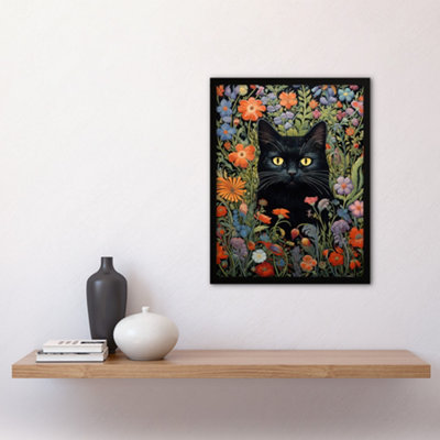 Framed Wall Art Black Cat In Wildflower Meadow Flowers Floral Design ...