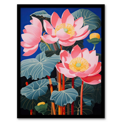 Framed Wall Art Blooming Lotus Flowers Detailed Graphic Painting Pink ...