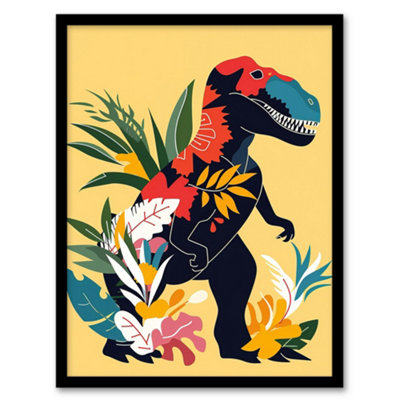 Framed Wall Art Boho T Rex Dinosaur Plants Graphic Collage - 12X16