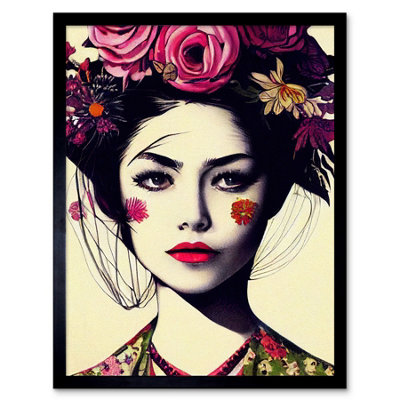 Framed Wall Art Boho Woman With Flowers Headdress Modern - 12X16 inch