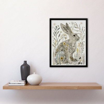 Framed Wall Art Bunny Rabbit Flowers Grey Yellow Bright Folk Art Print ...