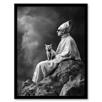 Framed Wall Art Cat Lover Pope Sunglasses Black White Surreal Print ...