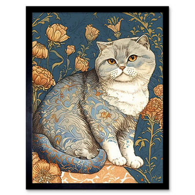 Framed Wall Art Cute Cat with Floral Pattern Fur and Autumn Flower ...