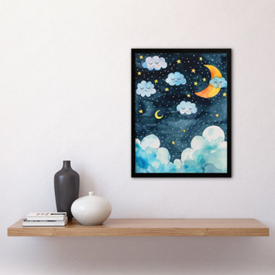 Framed Wall Art Cute Night Sky Stars Moon and Sleeping Clouds Print ...