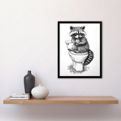 Framed Wall Art Cute Raccoon On Toilet Funny Black White Drawing Print ...
