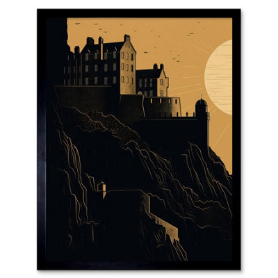 Framed Wall Art Edinburgh Castle at Sunset Linocut - 12X16 inch