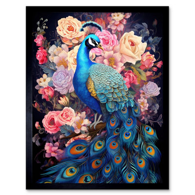 Framed Wall Art Elegant Peacock Bird with Rose Flower Blooms Vibrant ...