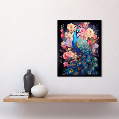 Framed Wall Art Elegant Peacock Bird with Rose Flower Blooms Vibrant ...