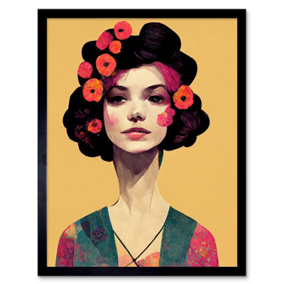 Framed Wall Art Elegant Vintage Boho Portrait Floral Hair Woman - 12X16 ...