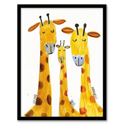 Framed Wall Art Giraffe Family Simple Bright Watercolour Folk - 12X16 inch