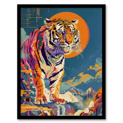 Framed Wall Art Japanese Tiger in Sun Abstract Colourful Classic Poster ...