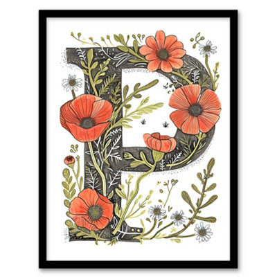 Framed Wall Art Letter P for Poppy Bouquet Bloom Watercolour Rustic ...