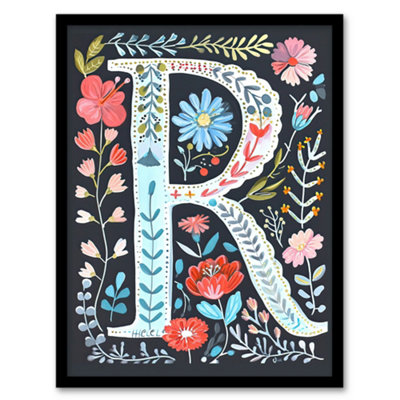 Framed Wall Art Letter R in Bright Watercolour Flowers Cute Floral Word ...