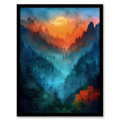 Framed Wall Art Misty Sunset Colourful Forest Mountain Landscape Poster ...