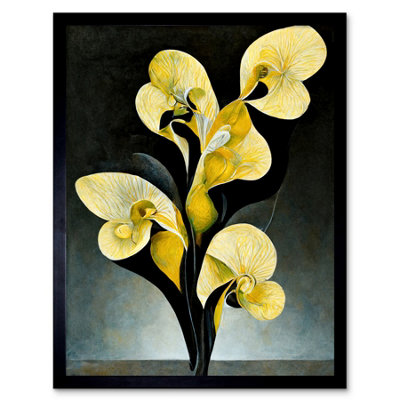 Framed Wall Art Modern Abstract Black Yellow Orchid Flower - 12X16 inch