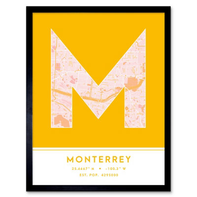 Framed Wall Art Monterrey Mexico City Map Modern Typography Stylish ...