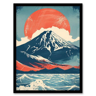 Framed Wall Art Mount Fuji Sun Japanese Bold Artwork Blue Orange