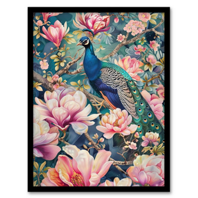 Framed Wall Art Peacock Bird Cherry Blossom Flower Tree Design Print ...