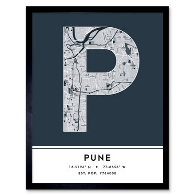 Framed Wall Art Pune India City Map Modern Typography Stylish Letter ...