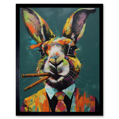 Framed Wall Art Rabbit with Cheroot Cigars Wearing Suit Modern - 12X16 inch