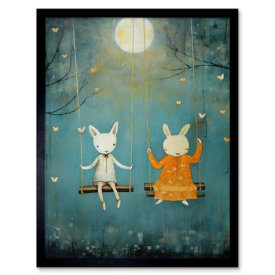Framed Wall Art Rabbits on a Swing with Moonlit Butterflies Calming ...